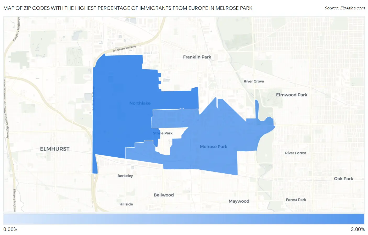 Zip Codes with the Highest Percentage of Immigrants from Europe in Melrose Park Map