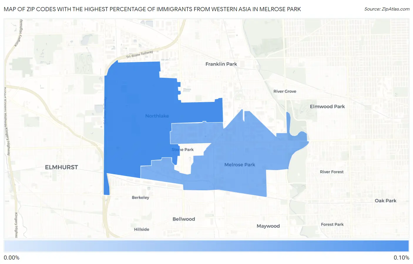 Zip Codes with the Highest Percentage of Immigrants from Western Asia in Melrose Park Map