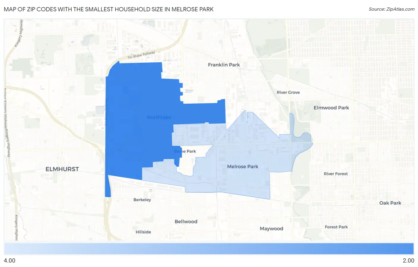 Zip Codes with the Smallest Household Size in Melrose Park Map