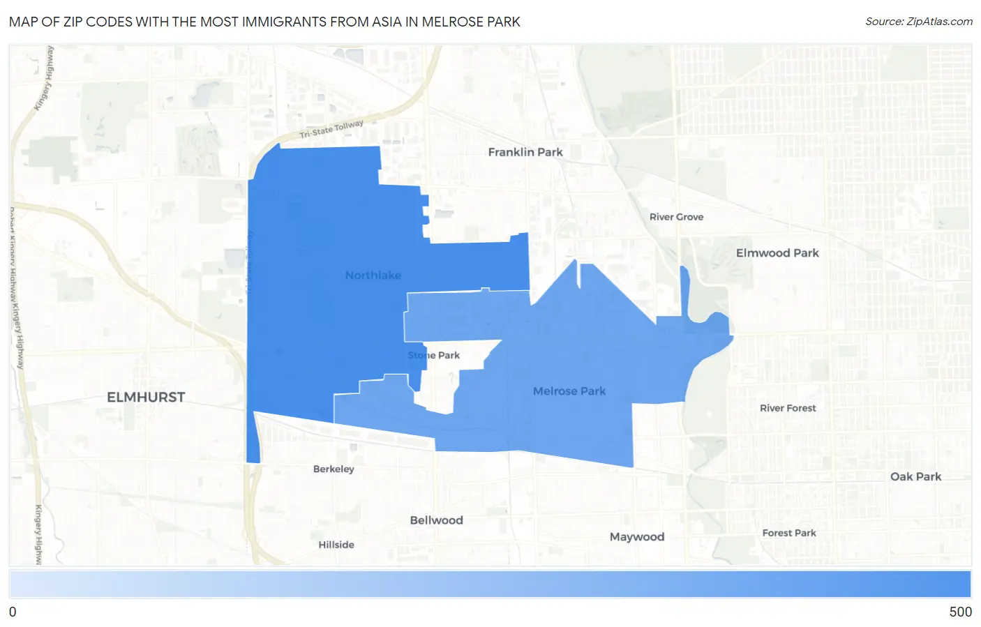 Zip Codes with the Most Immigrants from Asia in Melrose Park Map