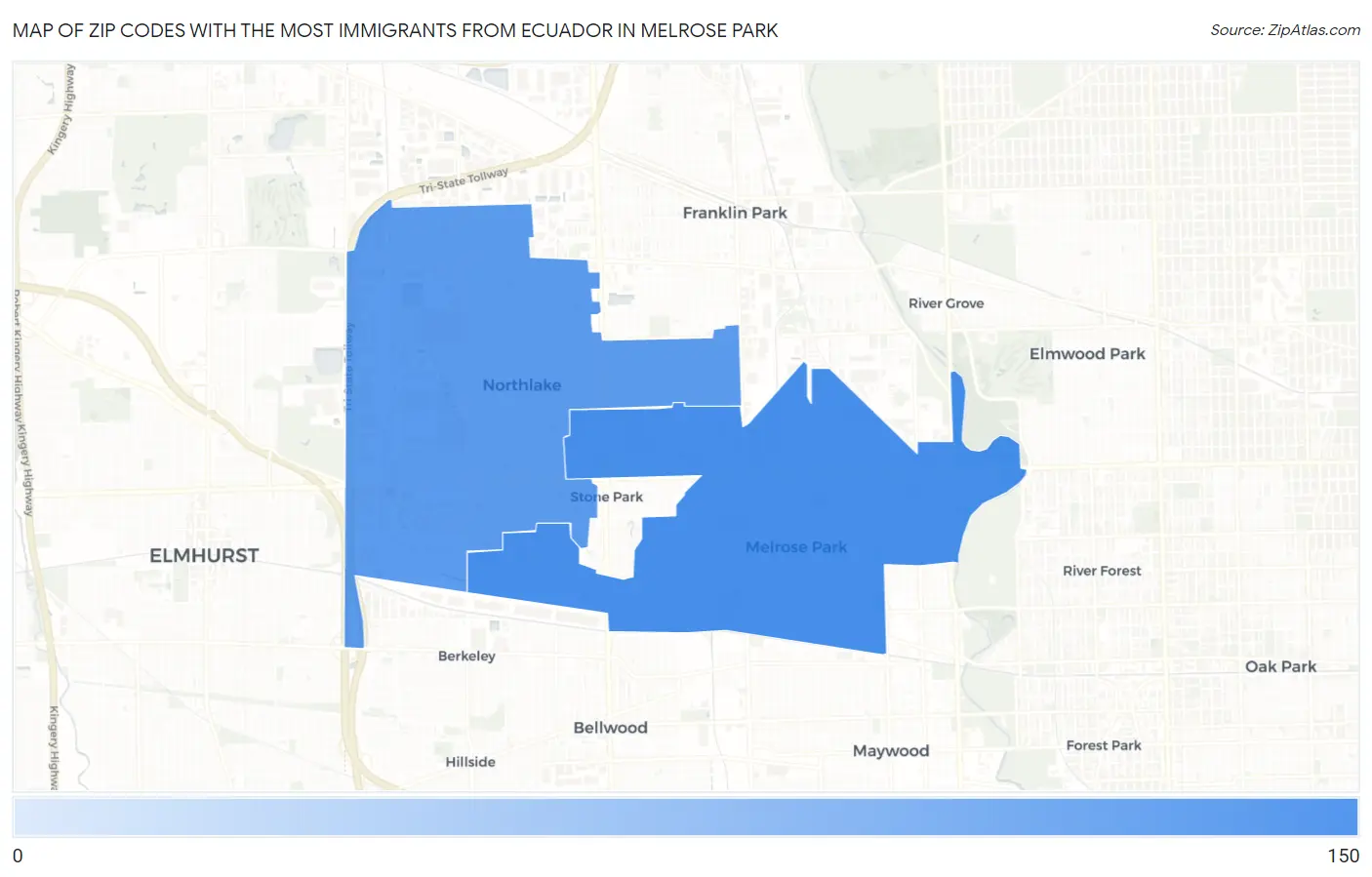 Zip Codes with the Most Immigrants from Ecuador in Melrose Park Map