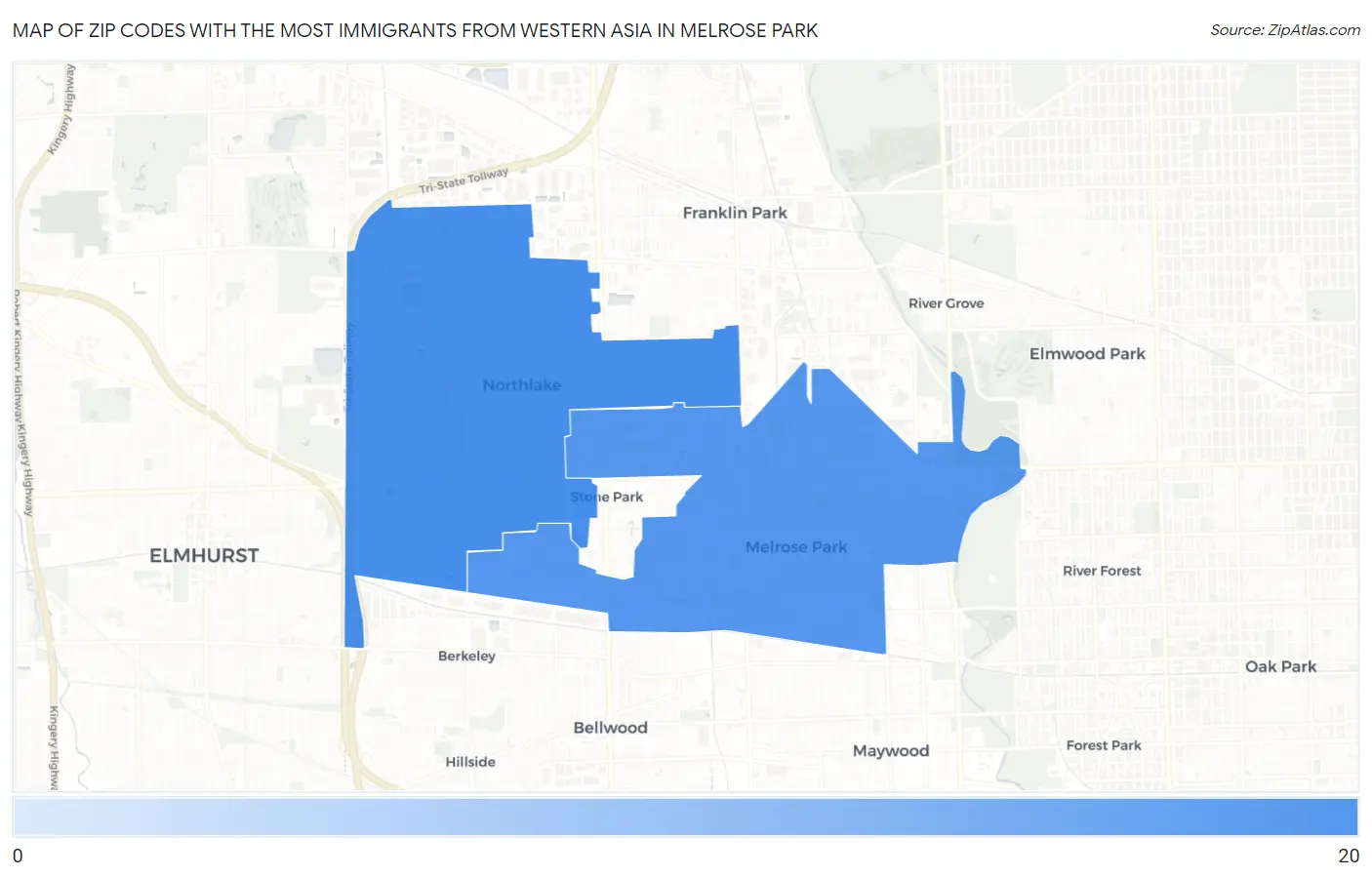 Zip Codes with the Most Immigrants from Western Asia in Melrose Park Map