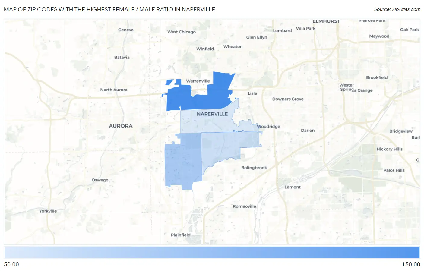Zip Codes with the Highest Female / Male Ratio in Naperville Map