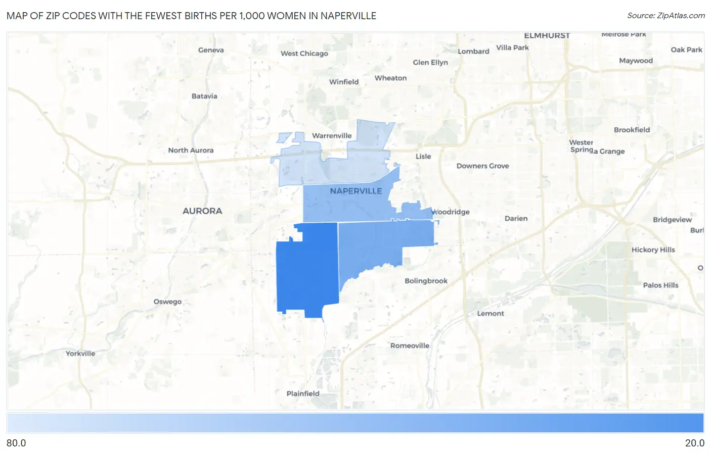 Zip Codes with the Fewest Births per 1,000 Women in Naperville Map