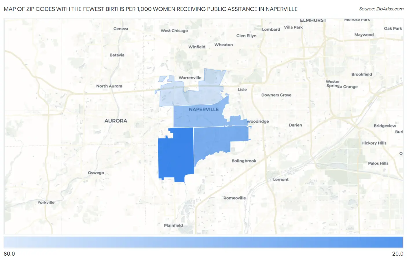 Zip Codes with the Fewest Births per 1,000 Women Receiving Public Assitance in Naperville Map