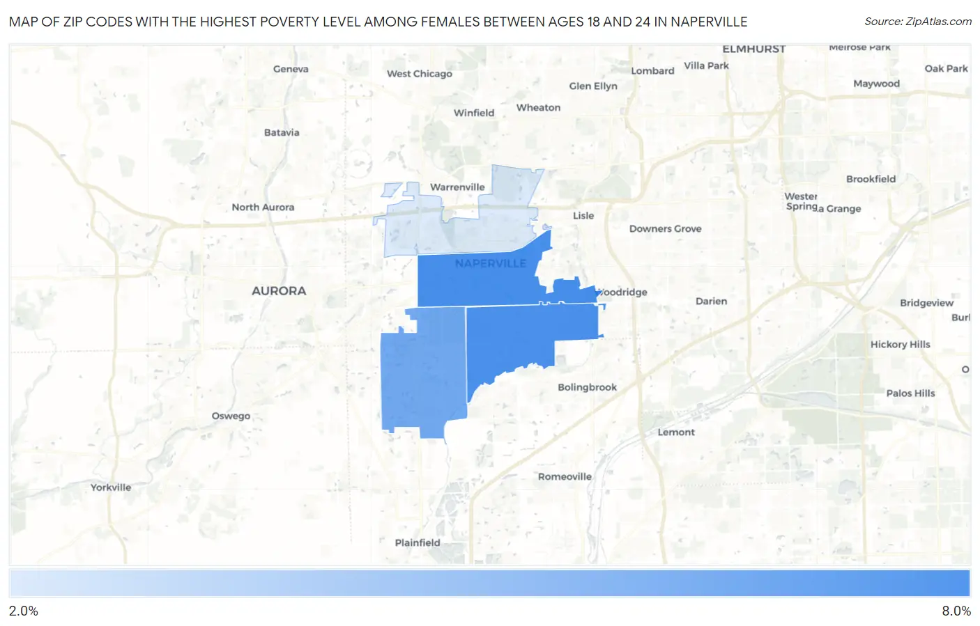 Zip Codes with the Highest Poverty Level Among Females Between Ages 18 and 24 in Naperville Map