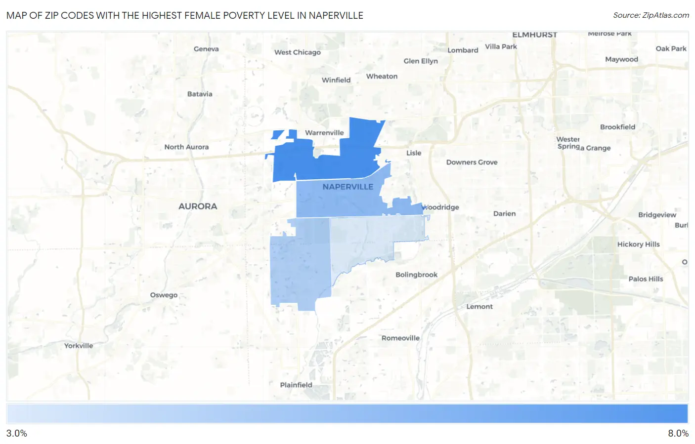 Zip Codes with the Highest Female Poverty Level in Naperville Map