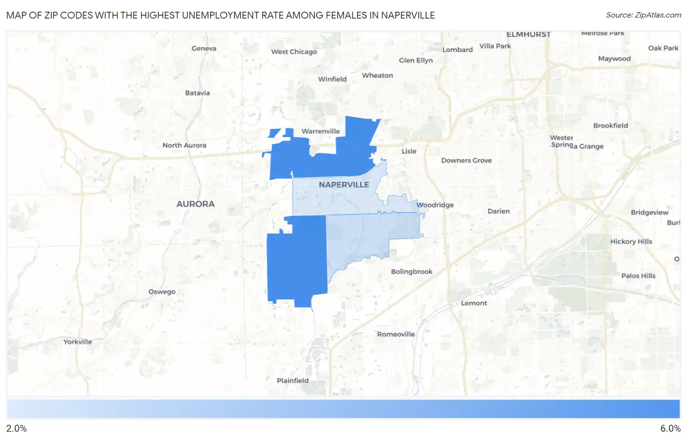 Zip Codes with the Highest Unemployment Rate Among Females in Naperville Map