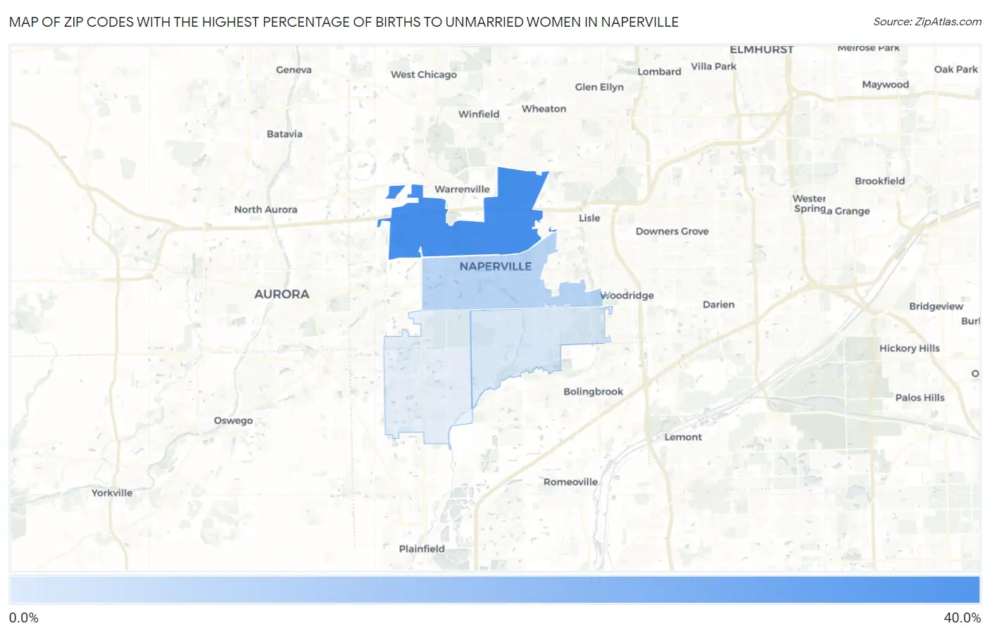 Zip Codes with the Highest Percentage of Births to Unmarried Women in Naperville Map