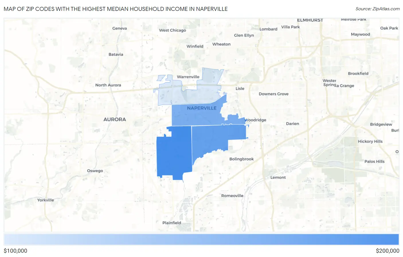Zip Codes with the Highest Median Household Income in Naperville Map