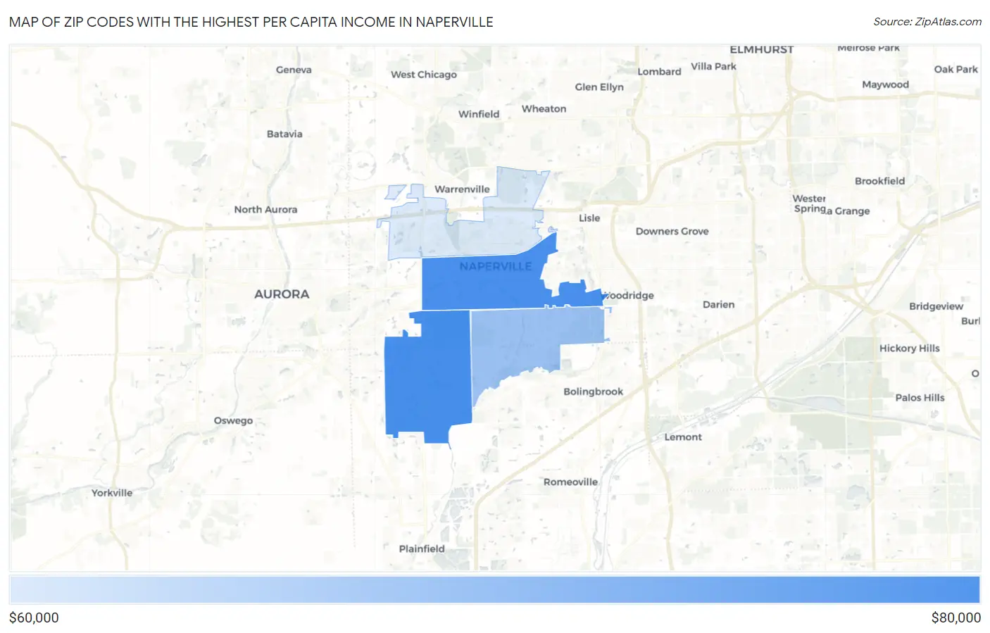 Zip Codes with the Highest Per Capita Income in Naperville Map