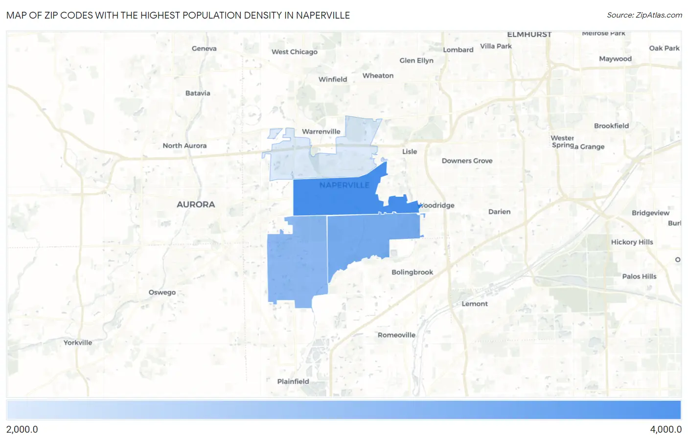 Zip Codes with the Highest Population Density in Naperville Map