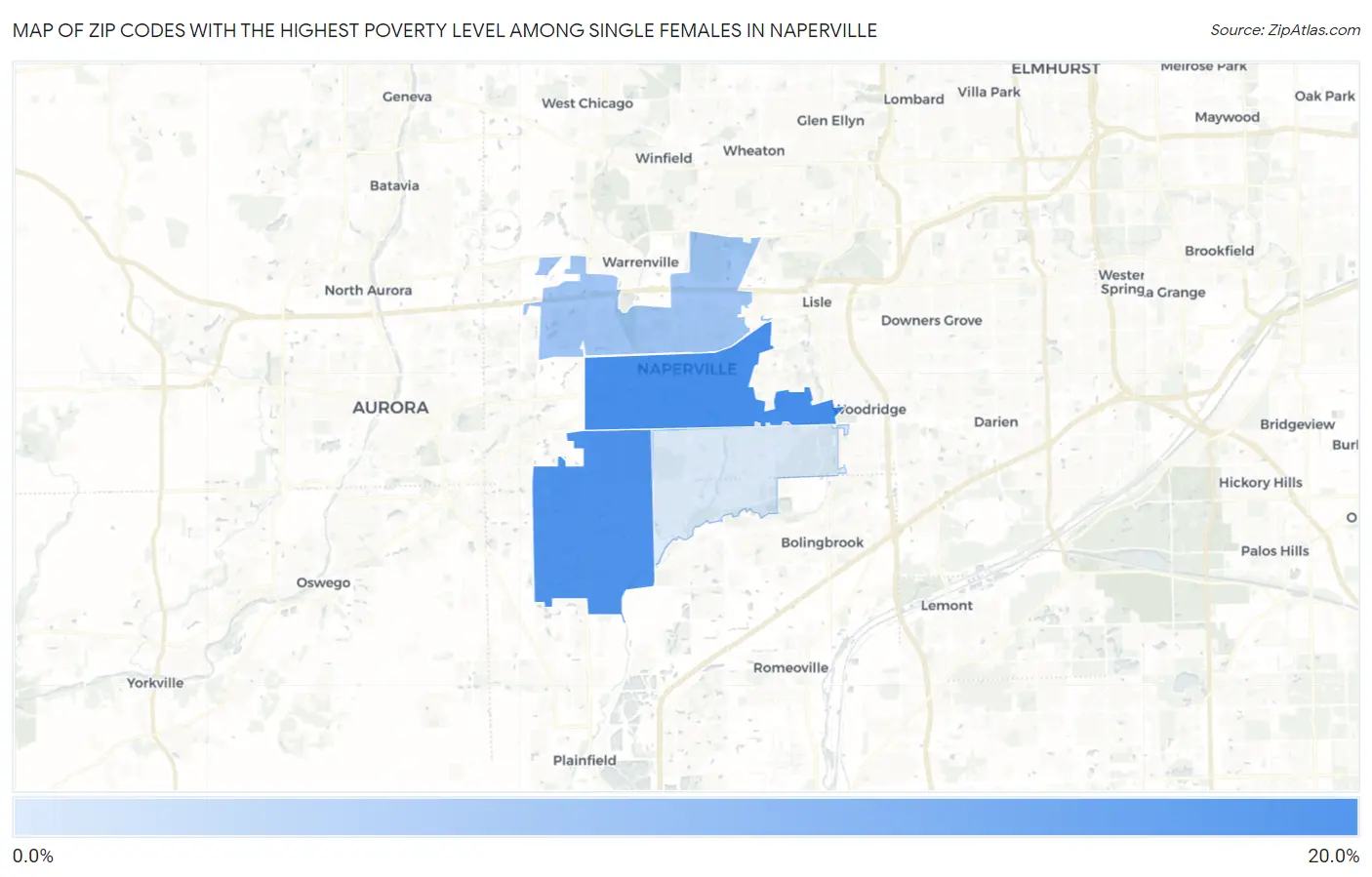 Zip Codes with the Highest Poverty Level Among Single Females in Naperville Map