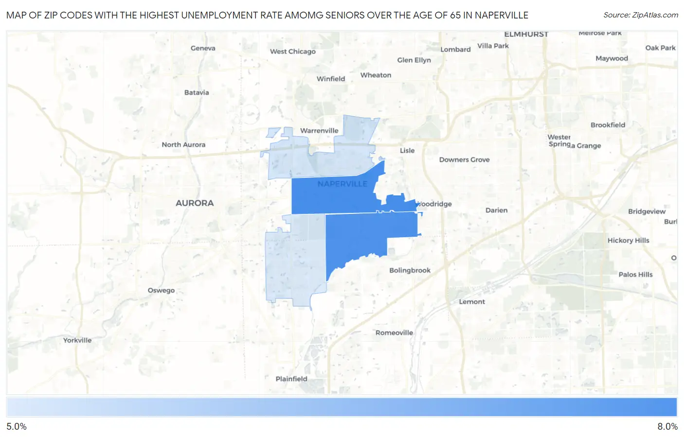 Zip Codes with the Highest Unemployment Rate Amomg Seniors Over the Age of 65 in Naperville Map