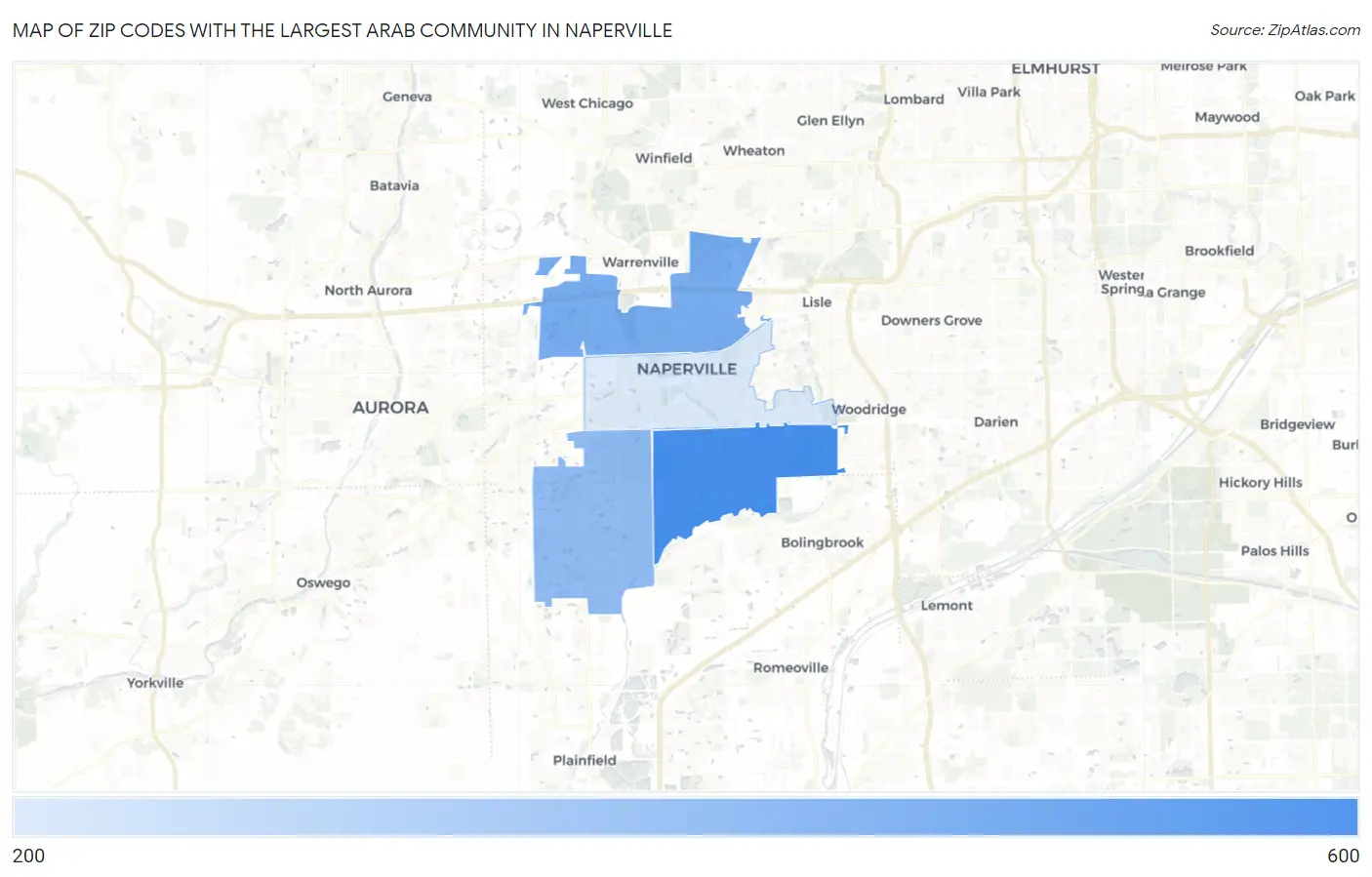 Zip Codes with the Largest Arab Community in Naperville Map