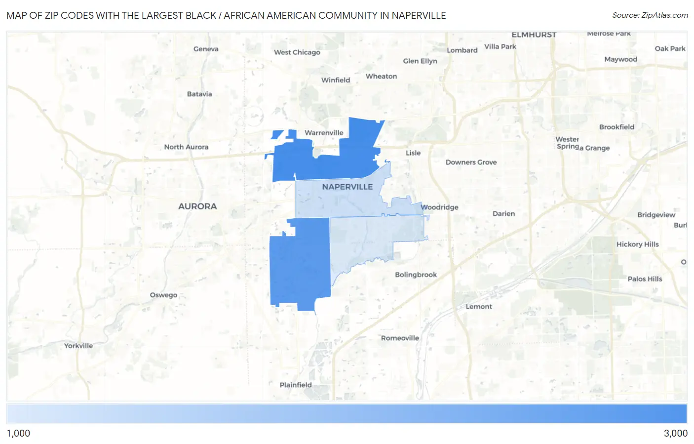Zip Codes with the Largest Black / African American Community in Naperville Map