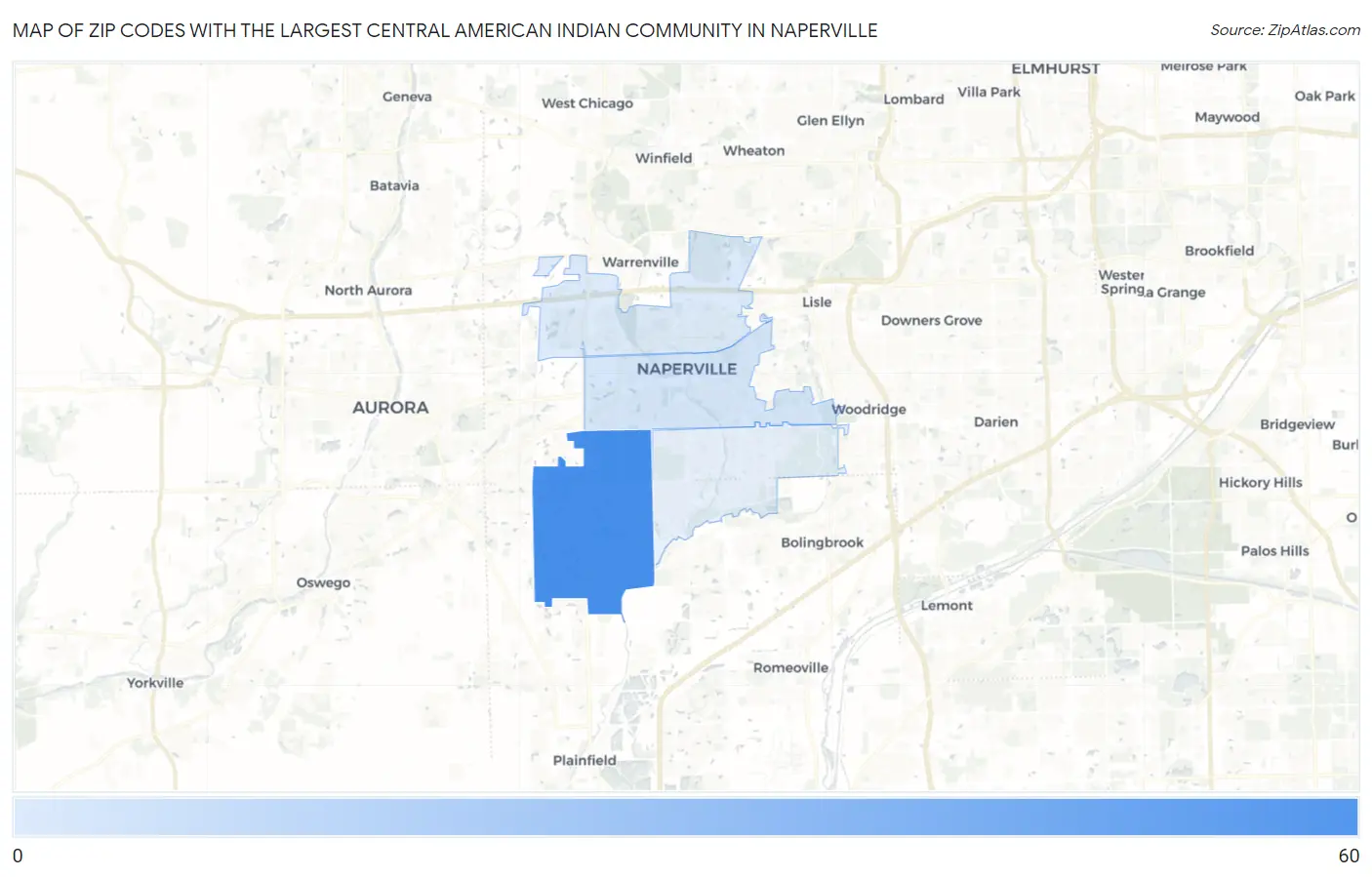 Zip Codes with the Largest Central American Indian Community in Naperville Map