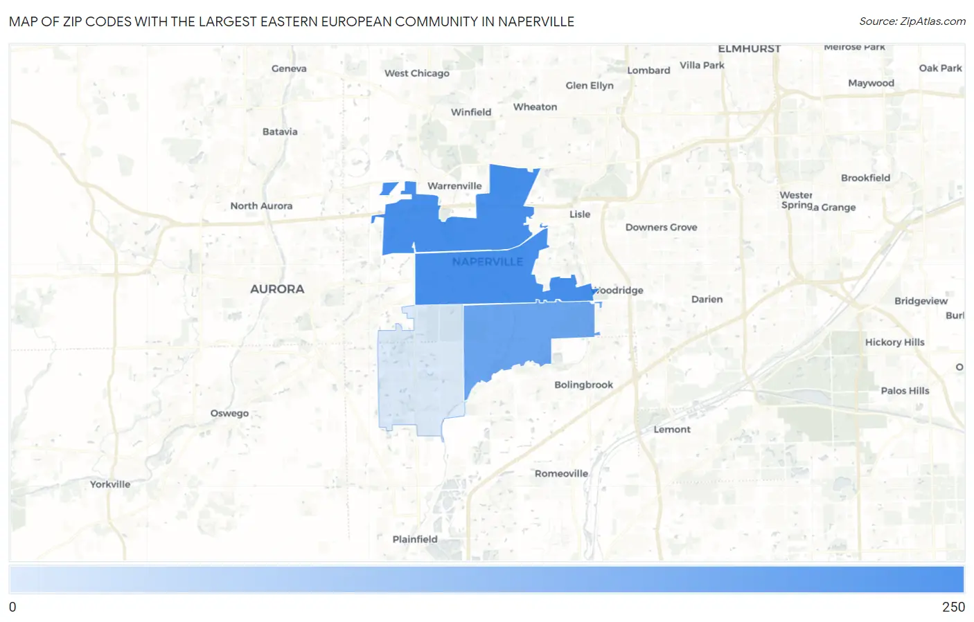 Zip Codes with the Largest Eastern European Community in Naperville Map
