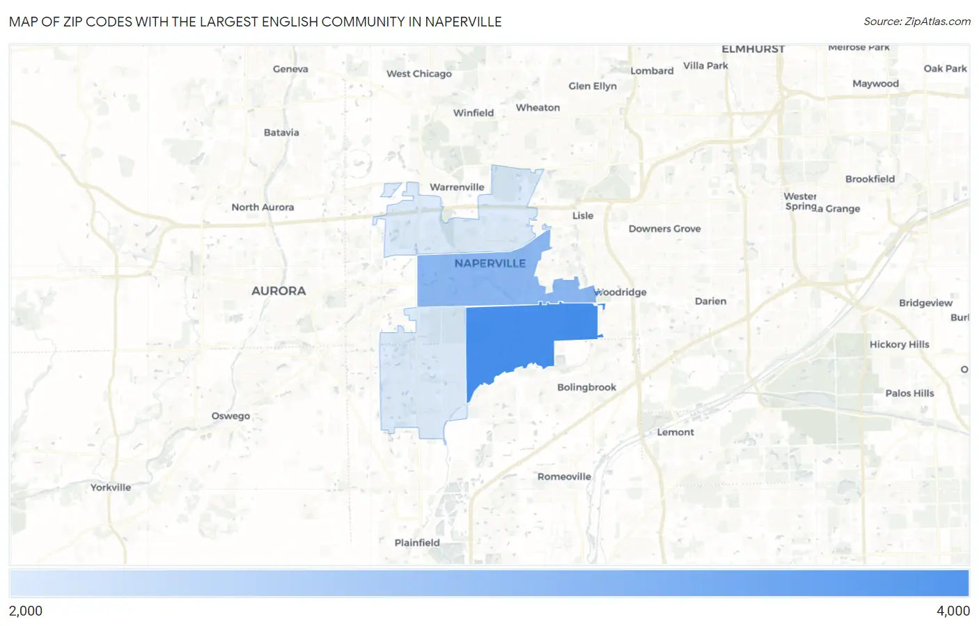 Zip Codes with the Largest English Community in Naperville Map