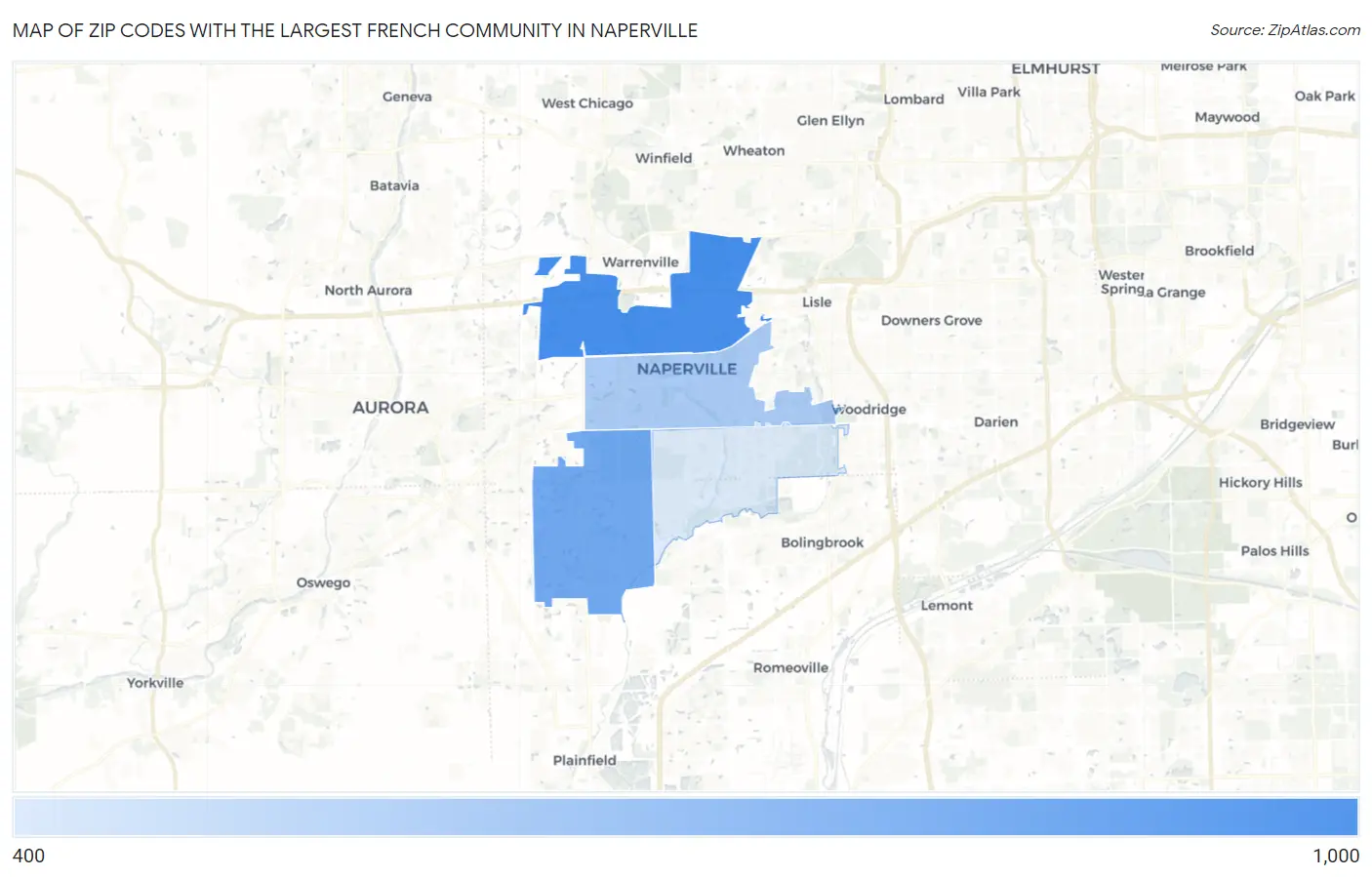 Zip Codes with the Largest French Community in Naperville Map