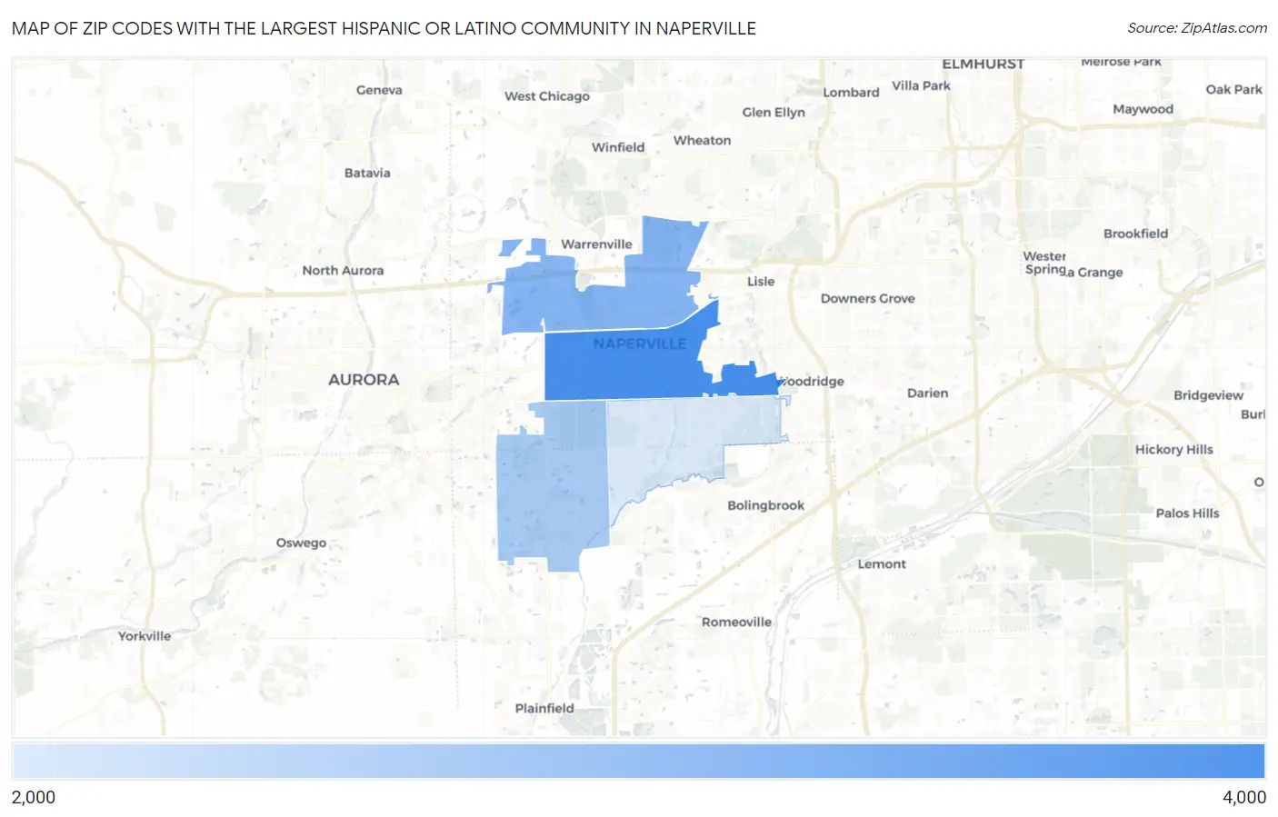 Zip Codes with the Largest Hispanic or Latino Community in Naperville Map