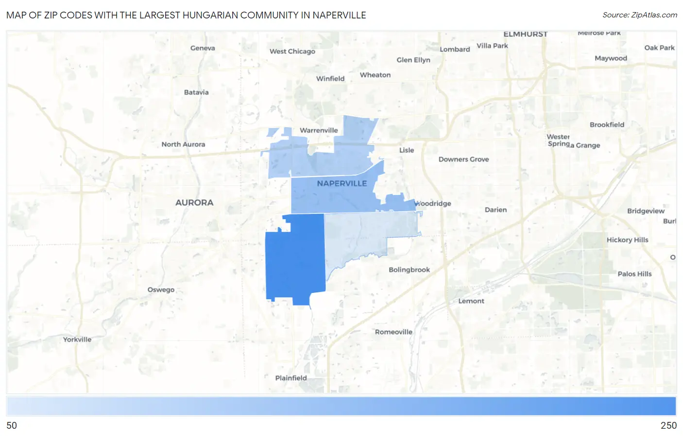 Zip Codes with the Largest Hungarian Community in Naperville Map