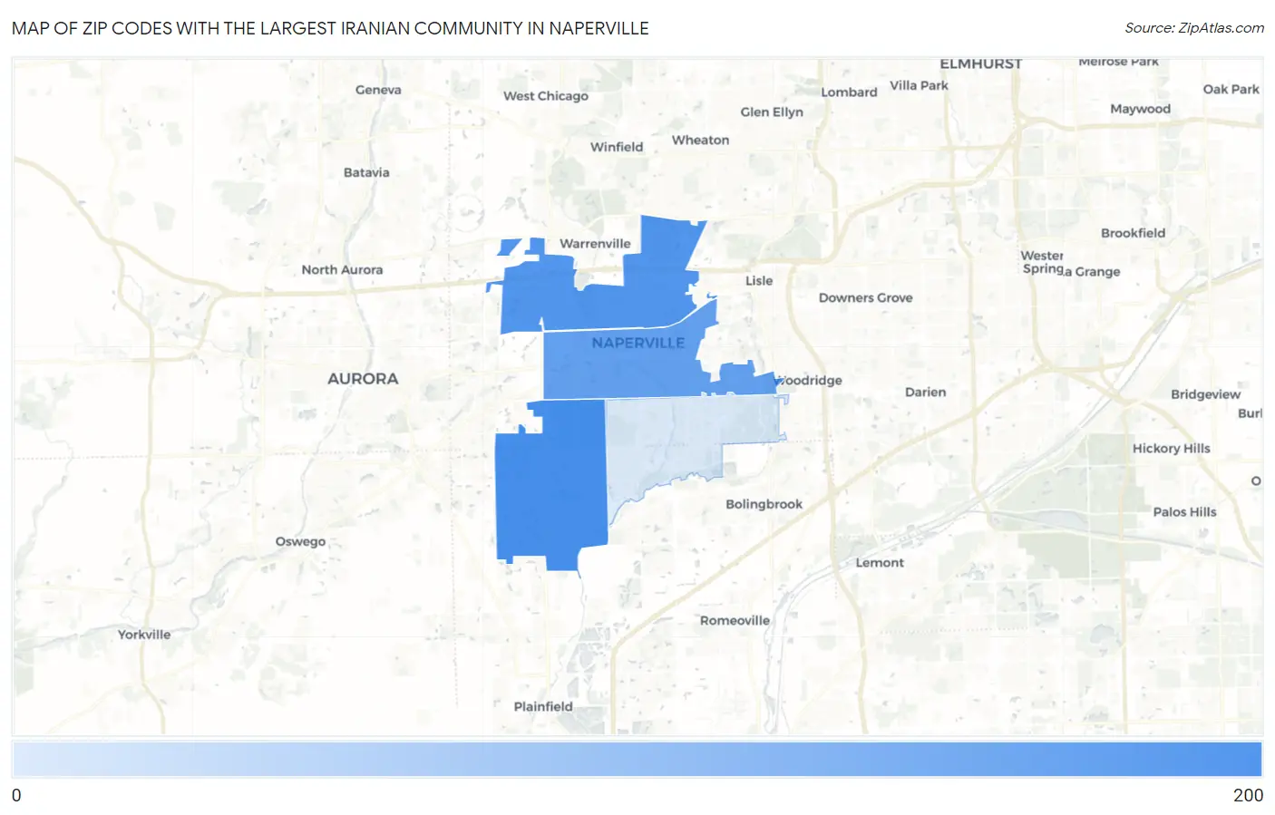Zip Codes with the Largest Iranian Community in Naperville Map