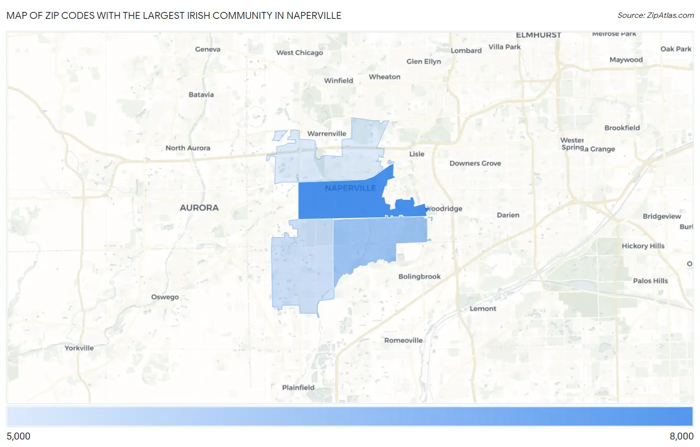 Zip Codes with the Largest Irish Community in Naperville Map