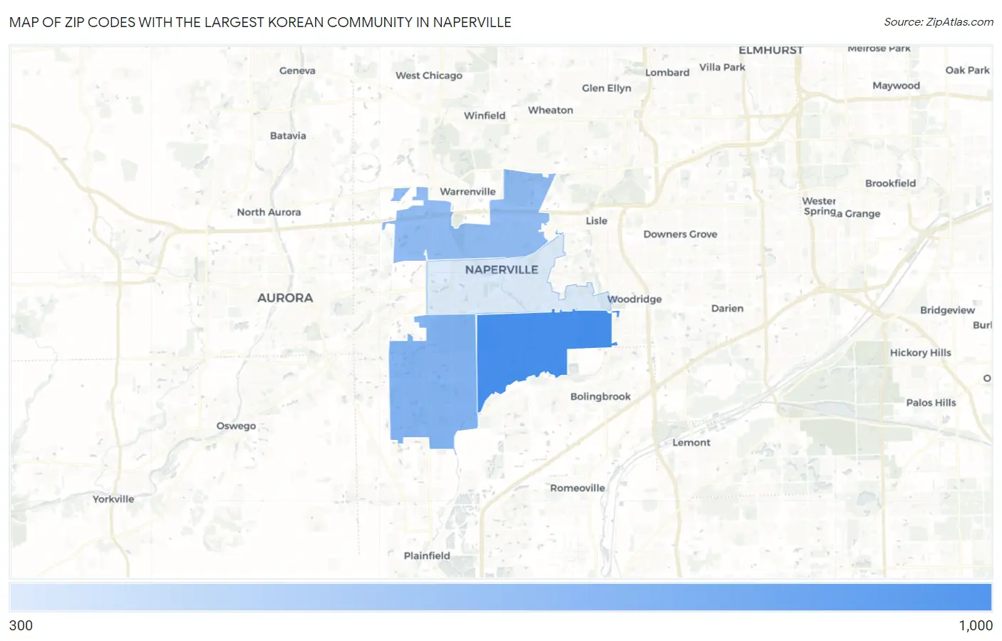Zip Codes with the Largest Korean Community in Naperville Map