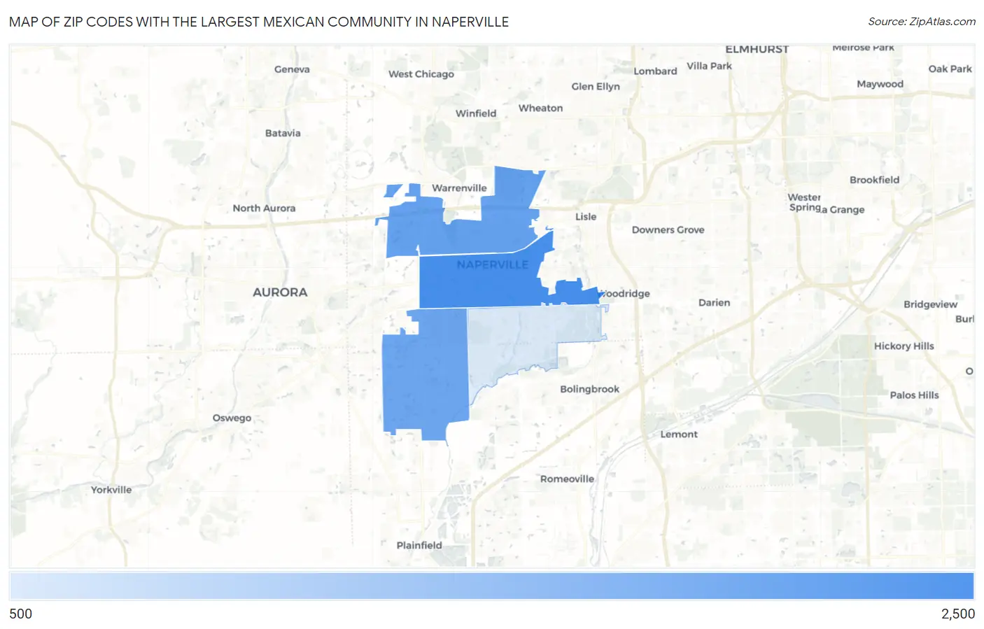 Zip Codes with the Largest Mexican Community in Naperville Map