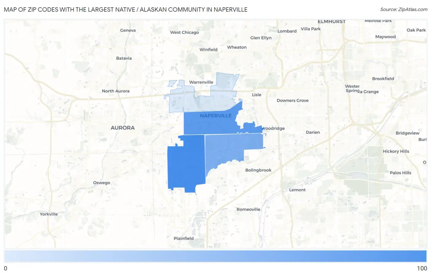Zip Codes with the Largest Native / Alaskan Community in Naperville Map
