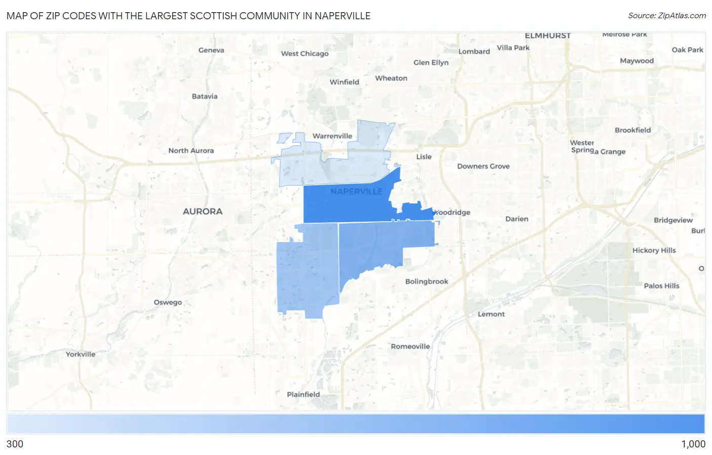 Zip Codes with the Largest Scottish Community in Naperville Map