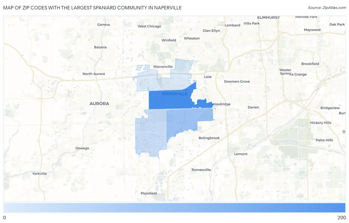 Zip Codes with the Largest Spaniard Community in Naperville Map