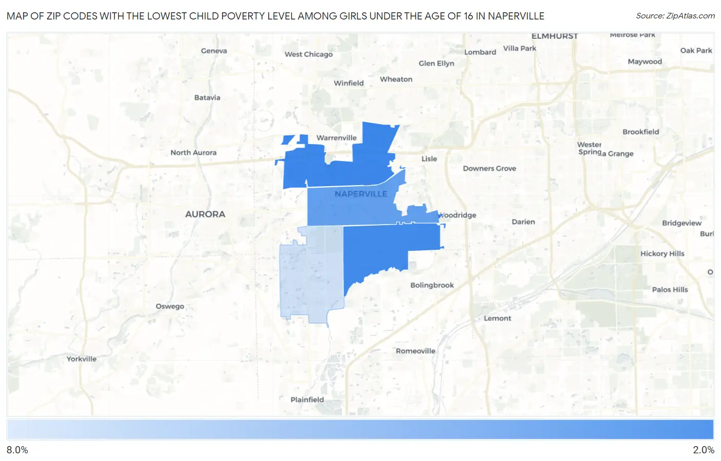 Zip Codes with the Lowest Child Poverty Level Among Girls Under the Age of 16 in Naperville Map
