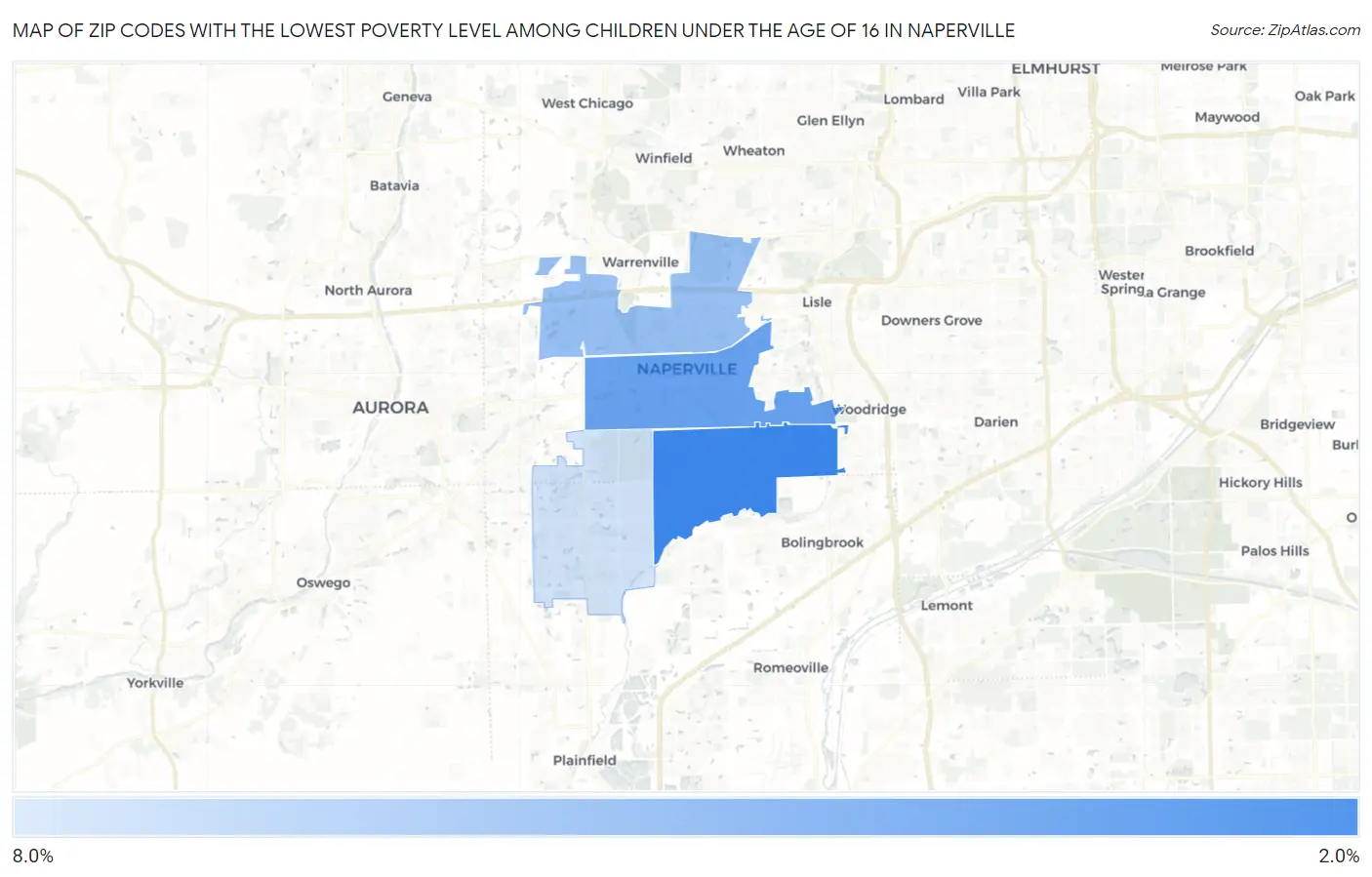 Zip Codes with the Lowest Poverty Level Among Children Under the Age of 16 in Naperville Map