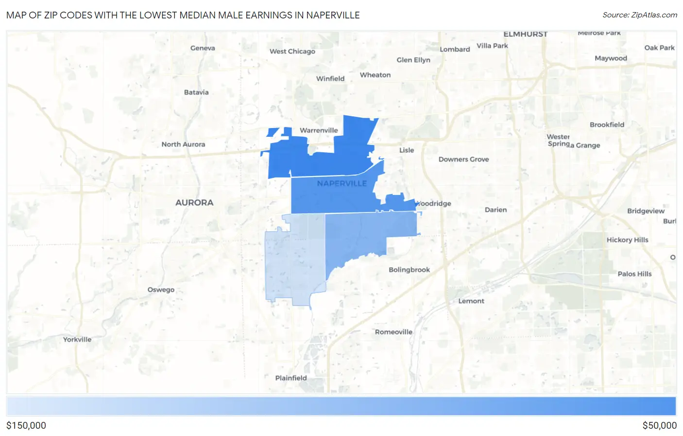 Zip Codes with the Lowest Median Male Earnings in Naperville Map