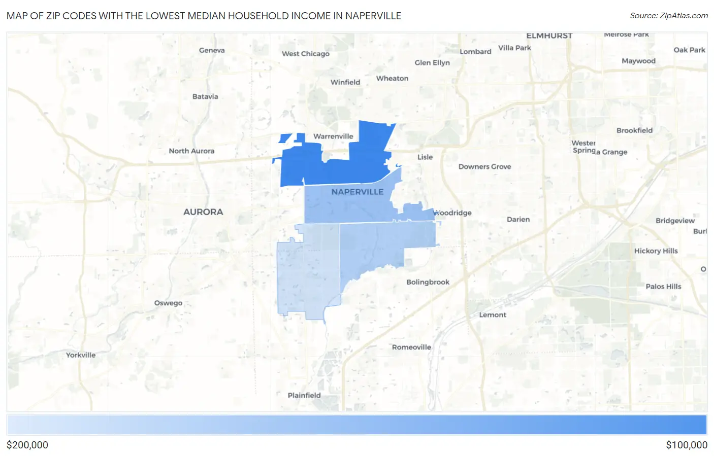 Zip Codes with the Lowest Median Household Income in Naperville Map