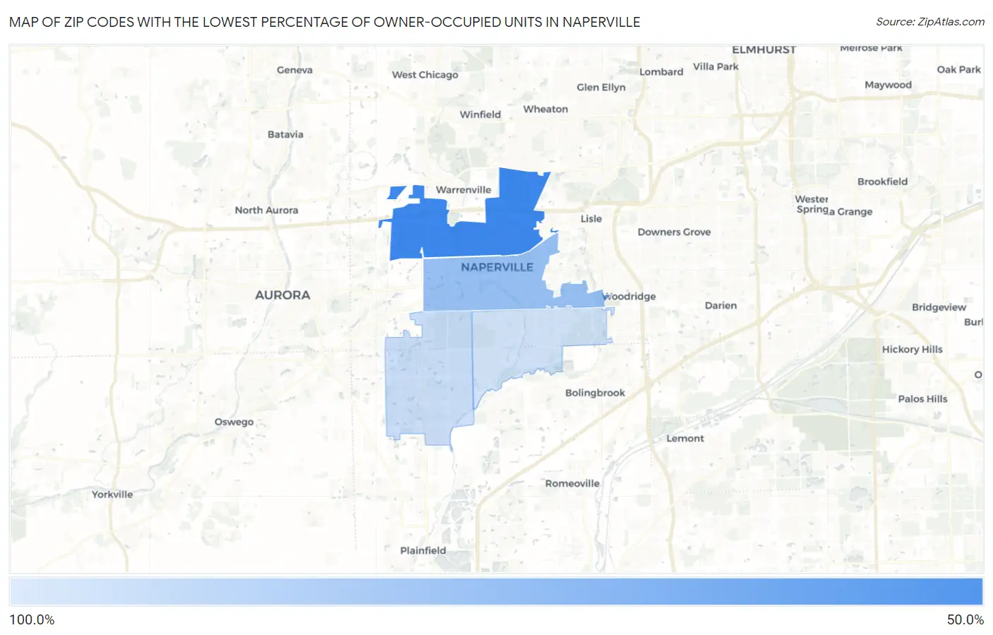Zip Codes with the Lowest Percentage of Owner-Occupied Units in Naperville Map