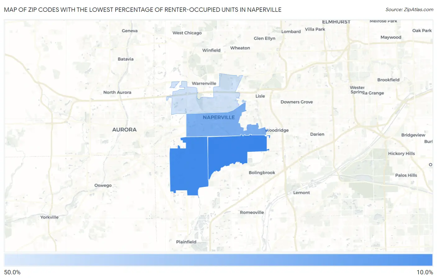 Zip Codes with the Lowest Percentage of Renter-Occupied Units in Naperville Map
