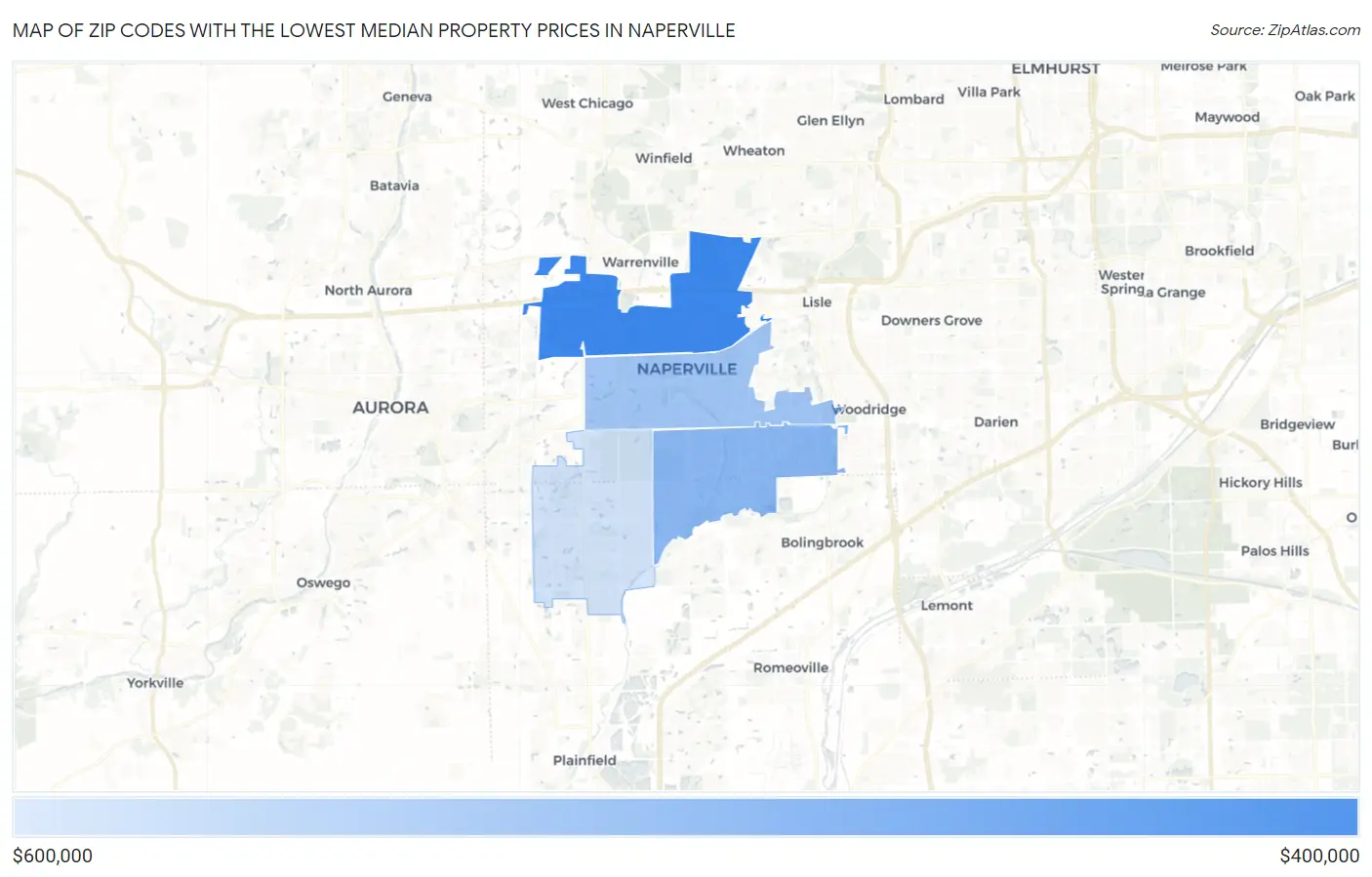 Zip Codes with the Lowest Median Property Prices in Naperville Map