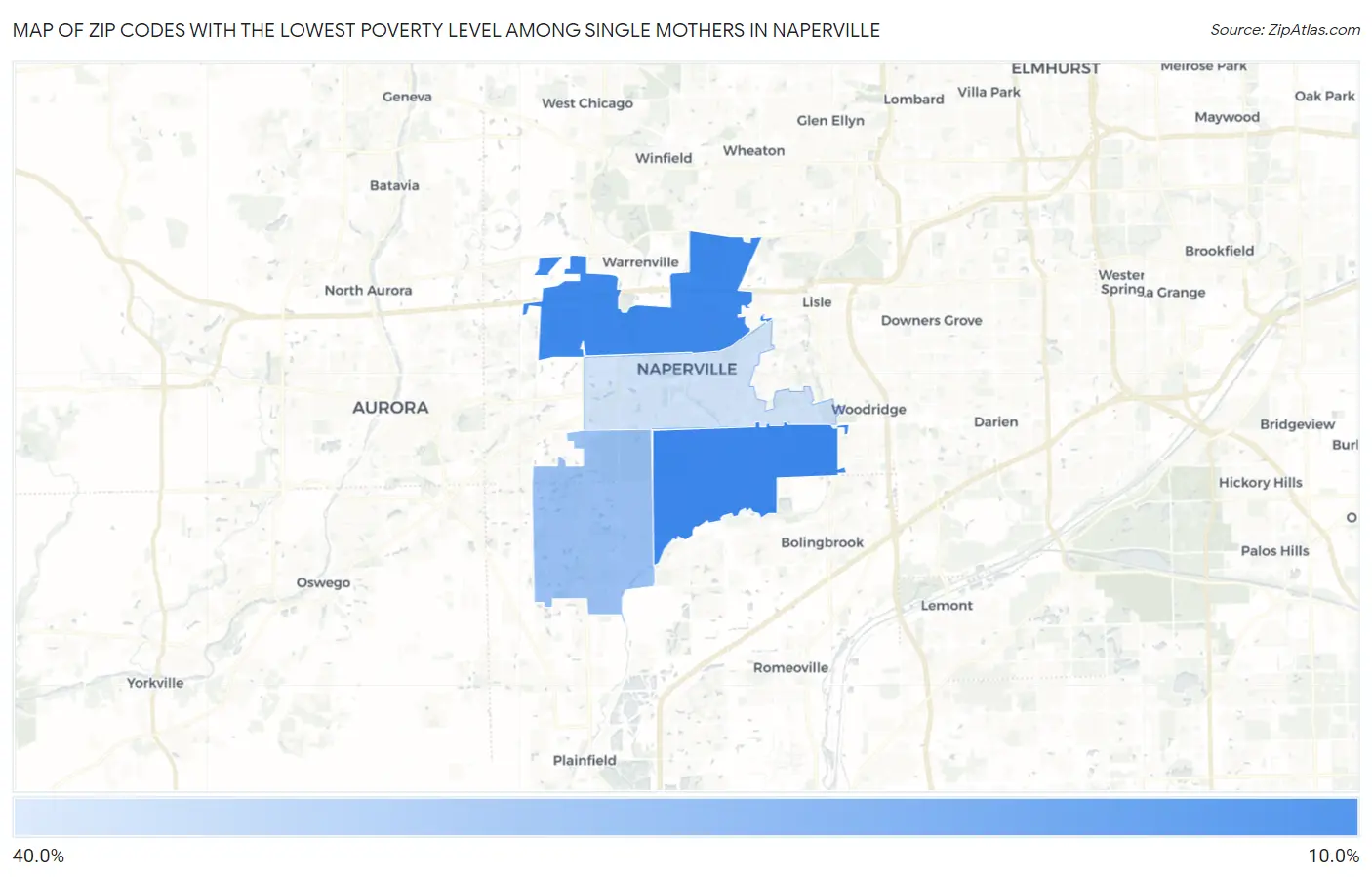 Zip Codes with the Lowest Poverty Level Among Single Mothers in Naperville Map