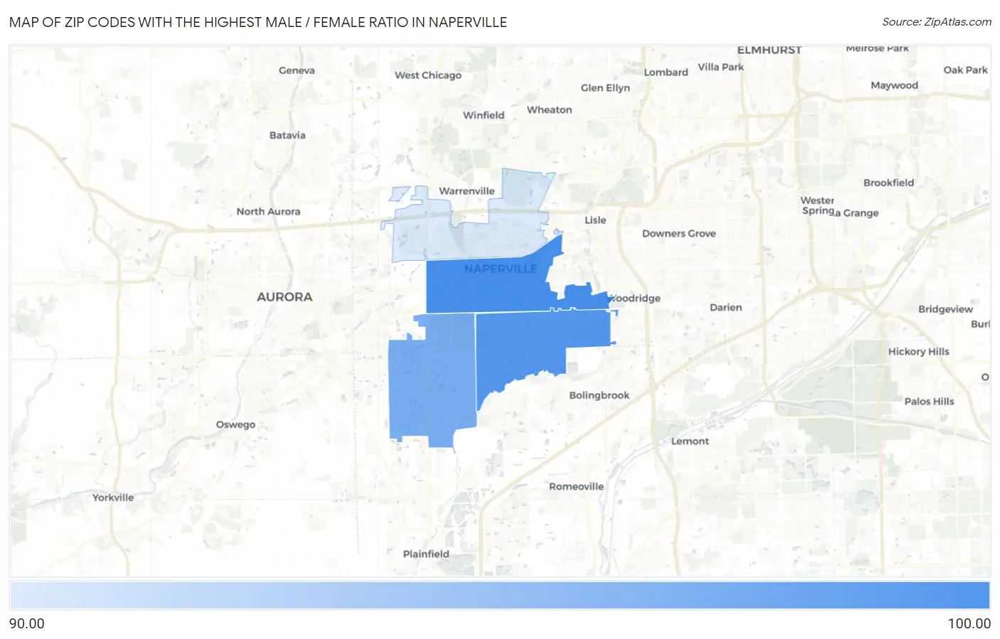 Zip Codes with the Highest Male / Female Ratio in Naperville Map
