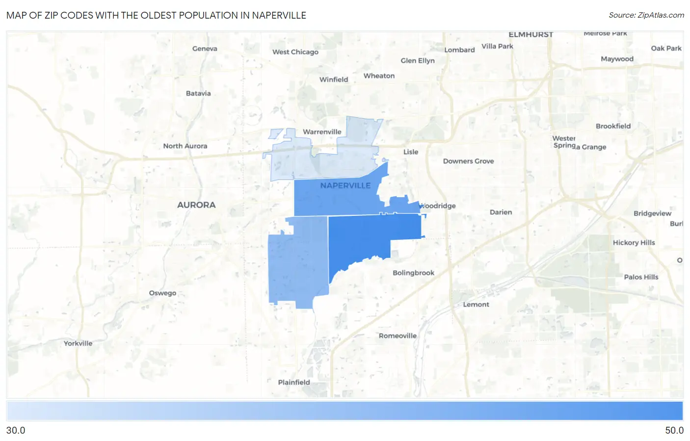 Zip Codes with the Oldest Population in Naperville Map