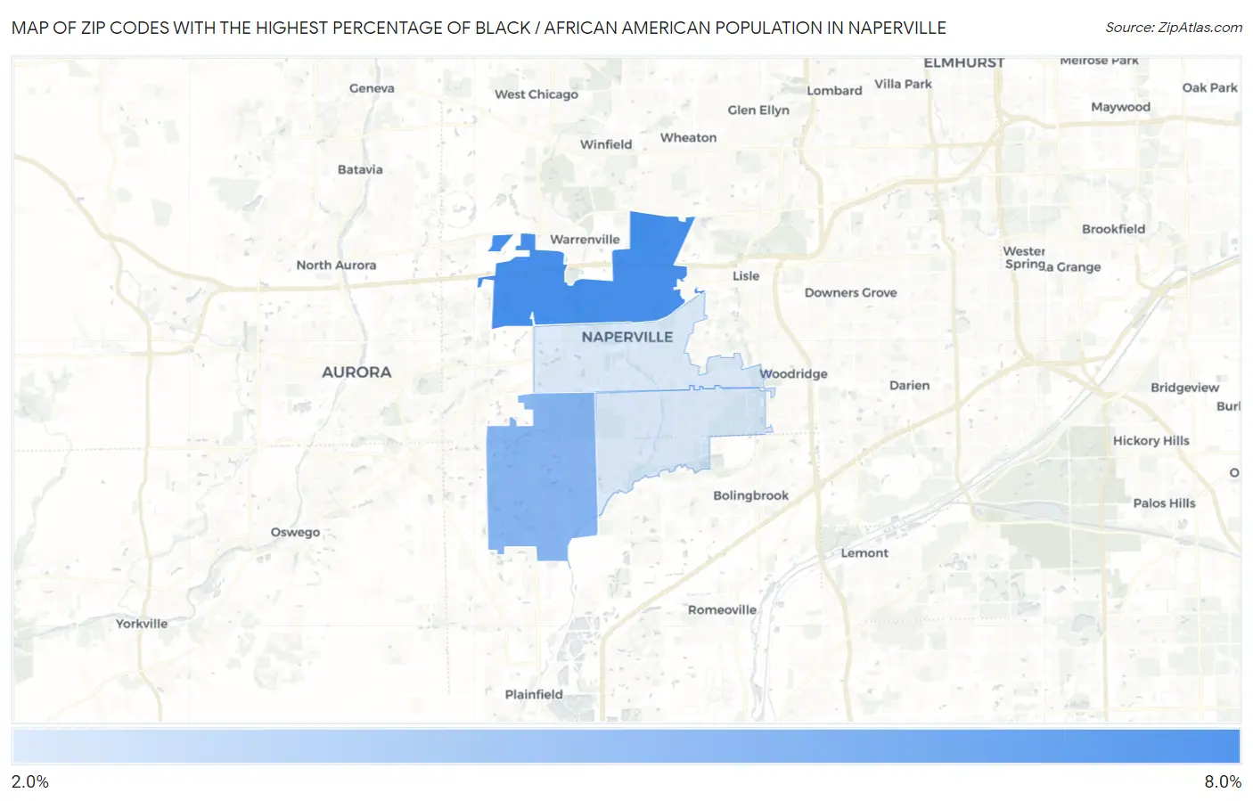 Zip Codes with the Highest Percentage of Black / African American Population in Naperville Map