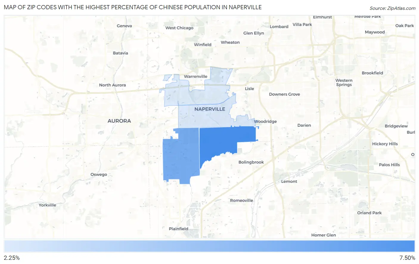 Zip Codes with the Highest Percentage of Chinese Population in Naperville Map