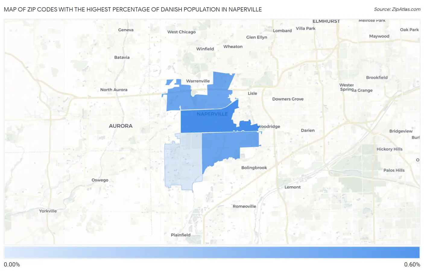 Zip Codes with the Highest Percentage of Danish Population in Naperville Map