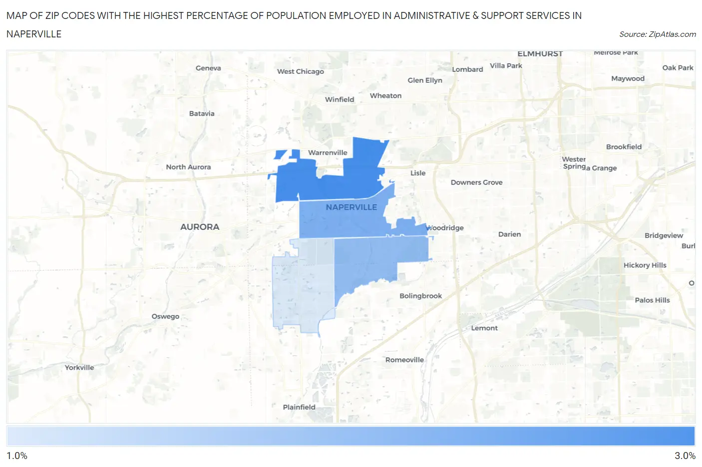 Zip Codes with the Highest Percentage of Population Employed in Administrative & Support Services in Naperville Map
