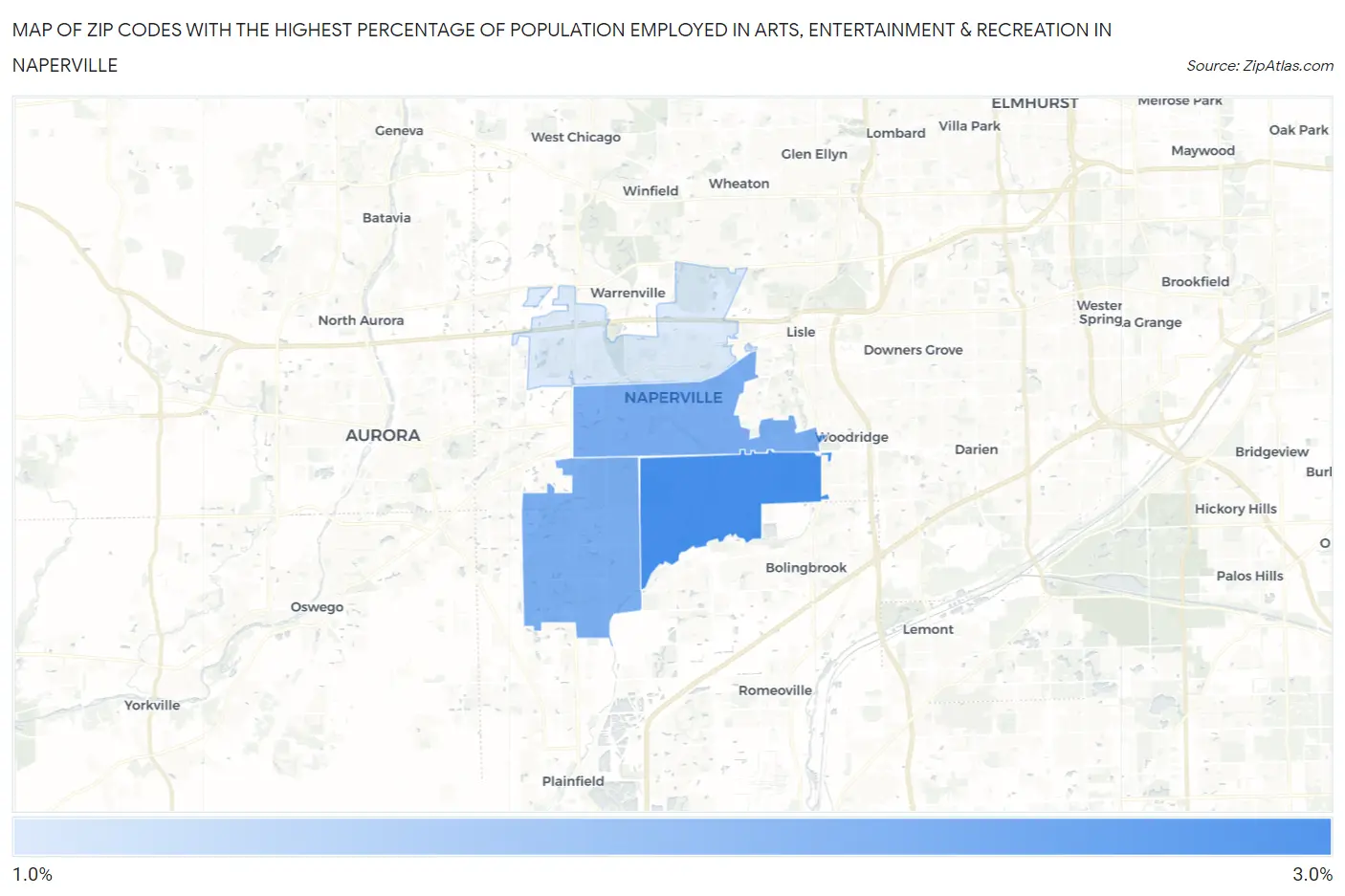 Zip Codes with the Highest Percentage of Population Employed in Arts, Entertainment & Recreation in Naperville Map