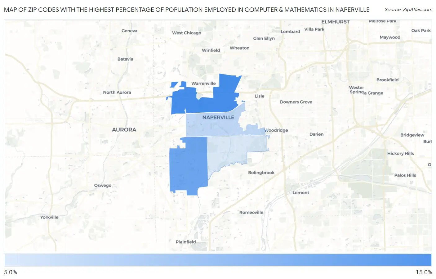 Zip Codes with the Highest Percentage of Population Employed in Computer & Mathematics in Naperville Map