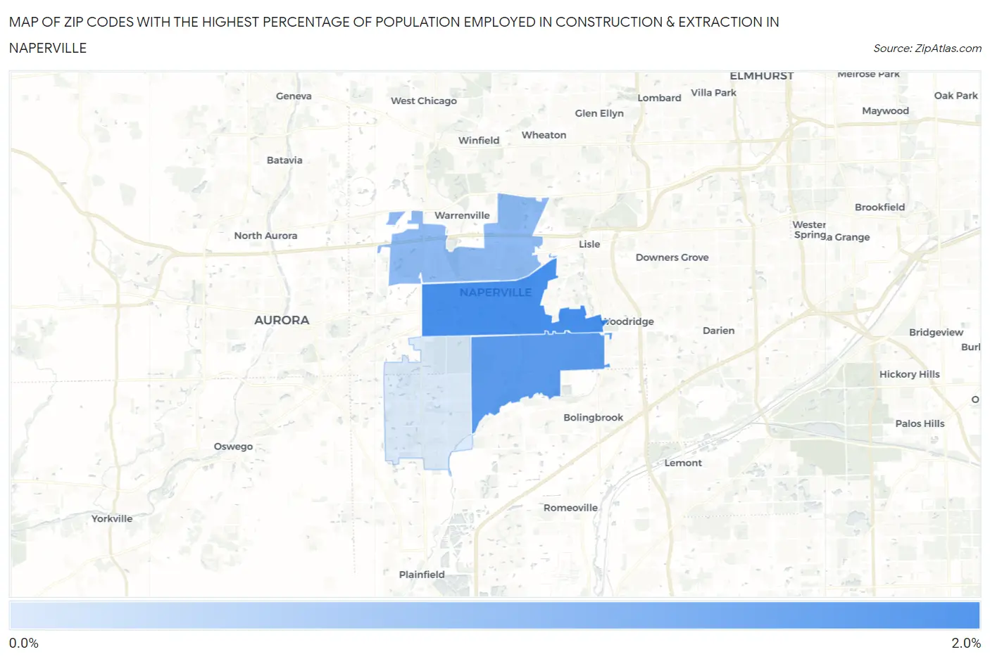 Zip Codes with the Highest Percentage of Population Employed in Construction & Extraction in Naperville Map